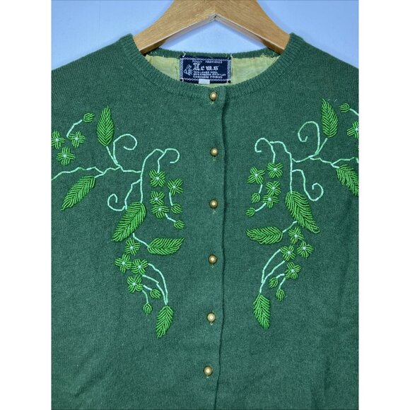 Vintage 50's Wool Angora Cashmere Green Beaded Cardigan Sweater Women’s Small - Picture 2 of 13